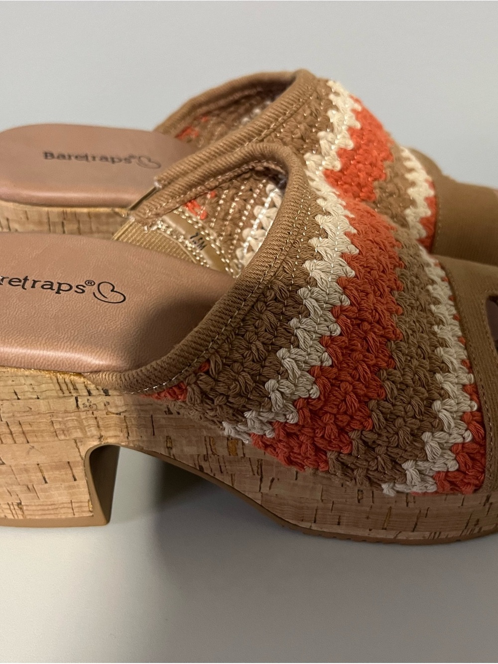 BareTraps Crochet Cork Block Heel Mules in Tan, Orange & Cream